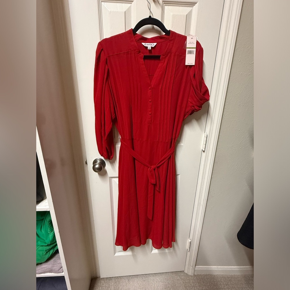 NWT Nanette Lepore Red Riding Hood Pleated Tie Waist A-Line Crepe Midi Dress - Picture 9 of 11
